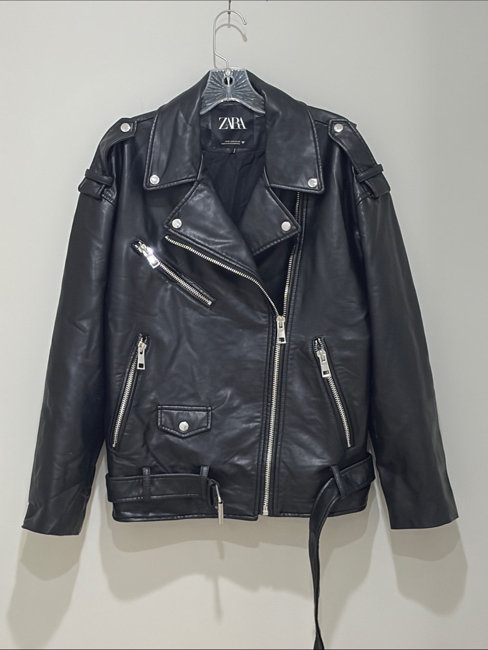 Zara Black Leather Biker Jacket with Silver Hardware